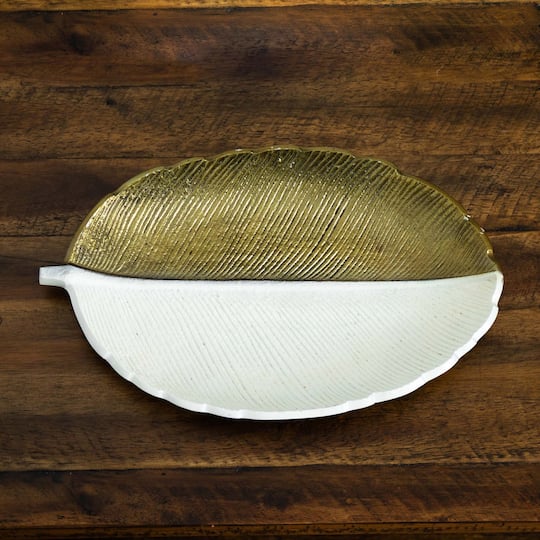 14" Gold & White Leaf Decorative Accent Tray
